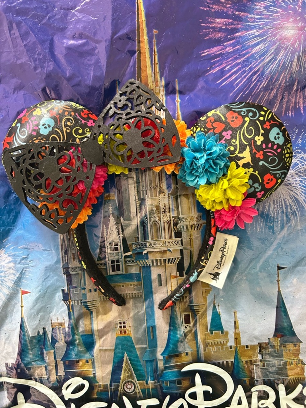 Disney Parks Dia de los Muertos Floral Mickey Ears Headband - Black & Multicolor